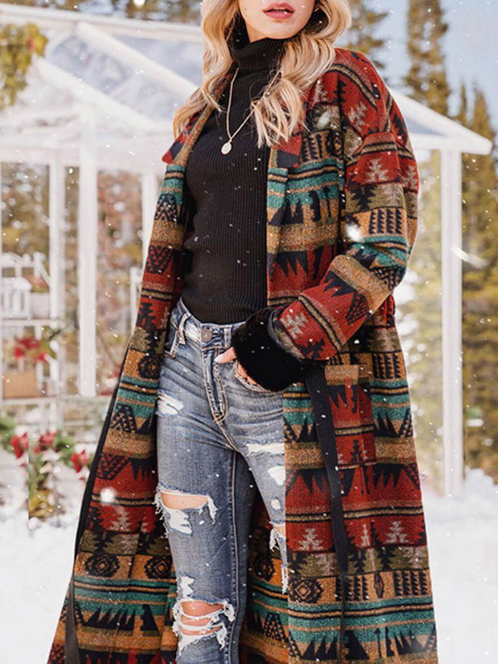 Long Navajo Nordic Lapel Coat-CALLISTARI