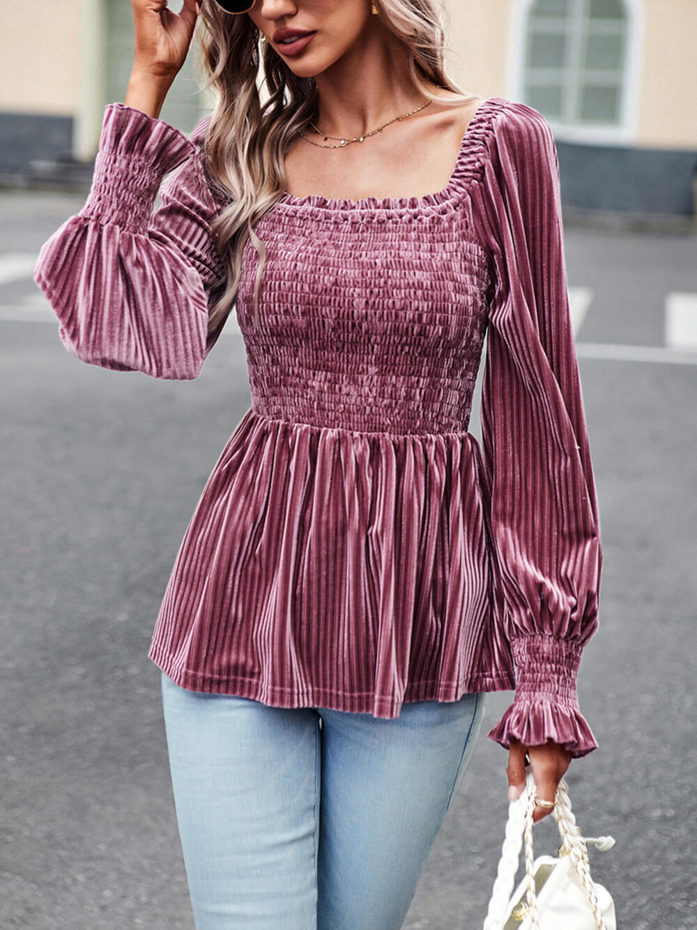 Square Neckline Smoky Velvet Babydoll Top-CALLISTARI