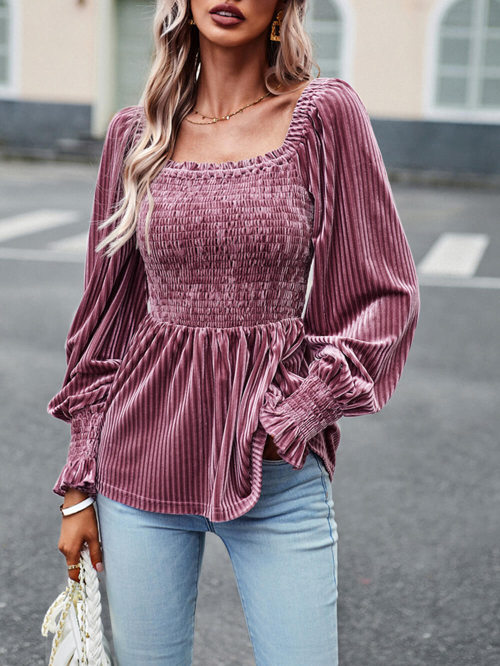Square Neckline Smoky Velvet Babydoll Top-CALLISTARI