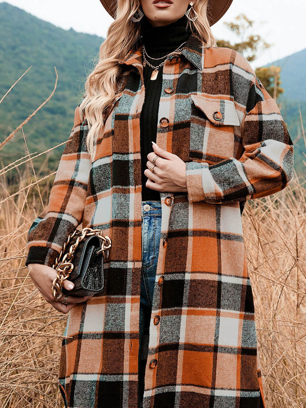 Plaid Flannel Button Long Shirt Coat-CALLISTARI