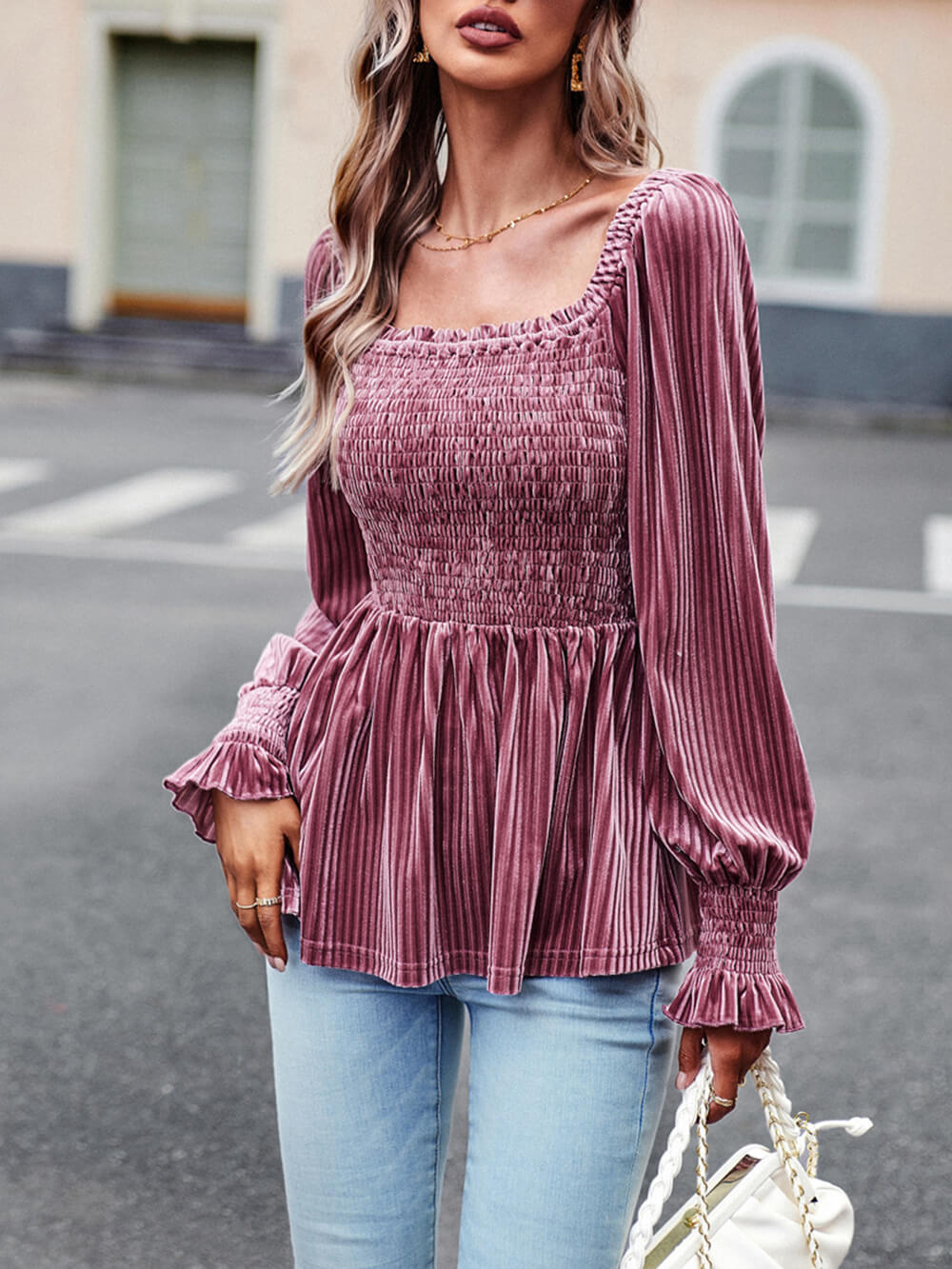 Square Neckline Smoky Velvet Babydoll Top-CALLISTARI