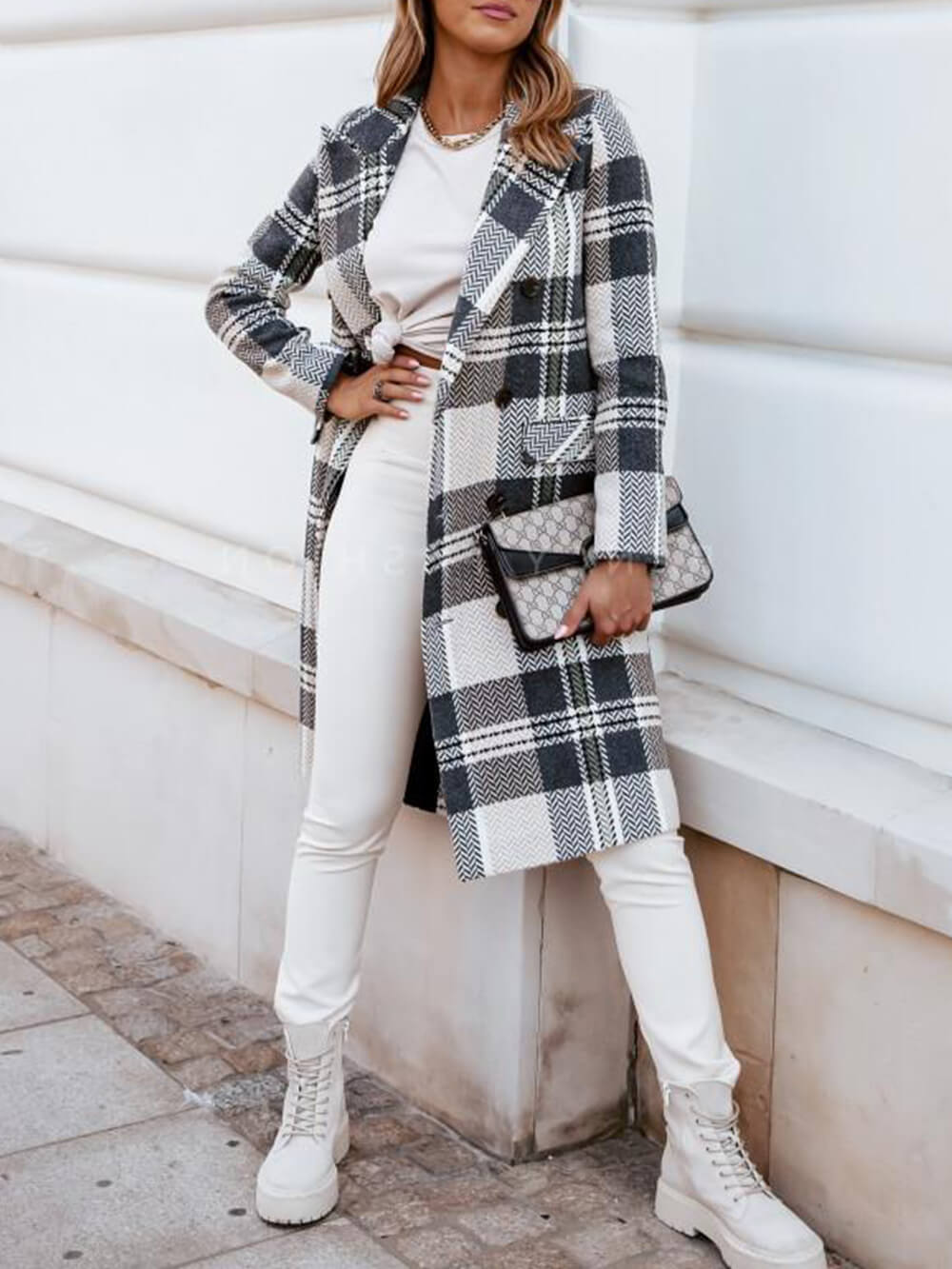 Checked Double-Breasted Pea Coat With Flap-CALLISTARI