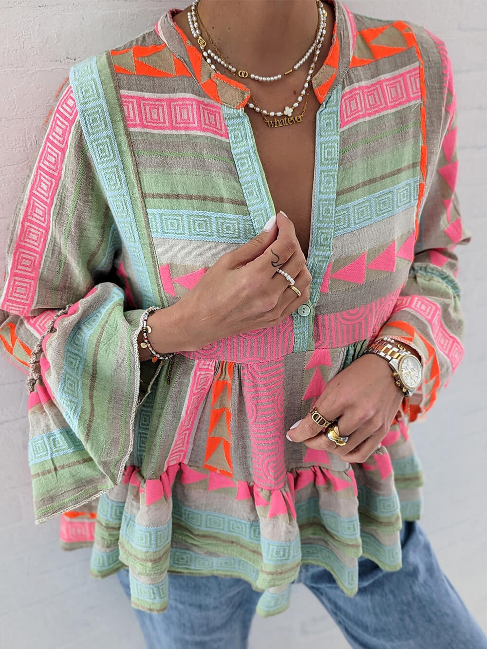 Colorful Ethnic Bell Sleeve Babydoll Top-CALLISTARI