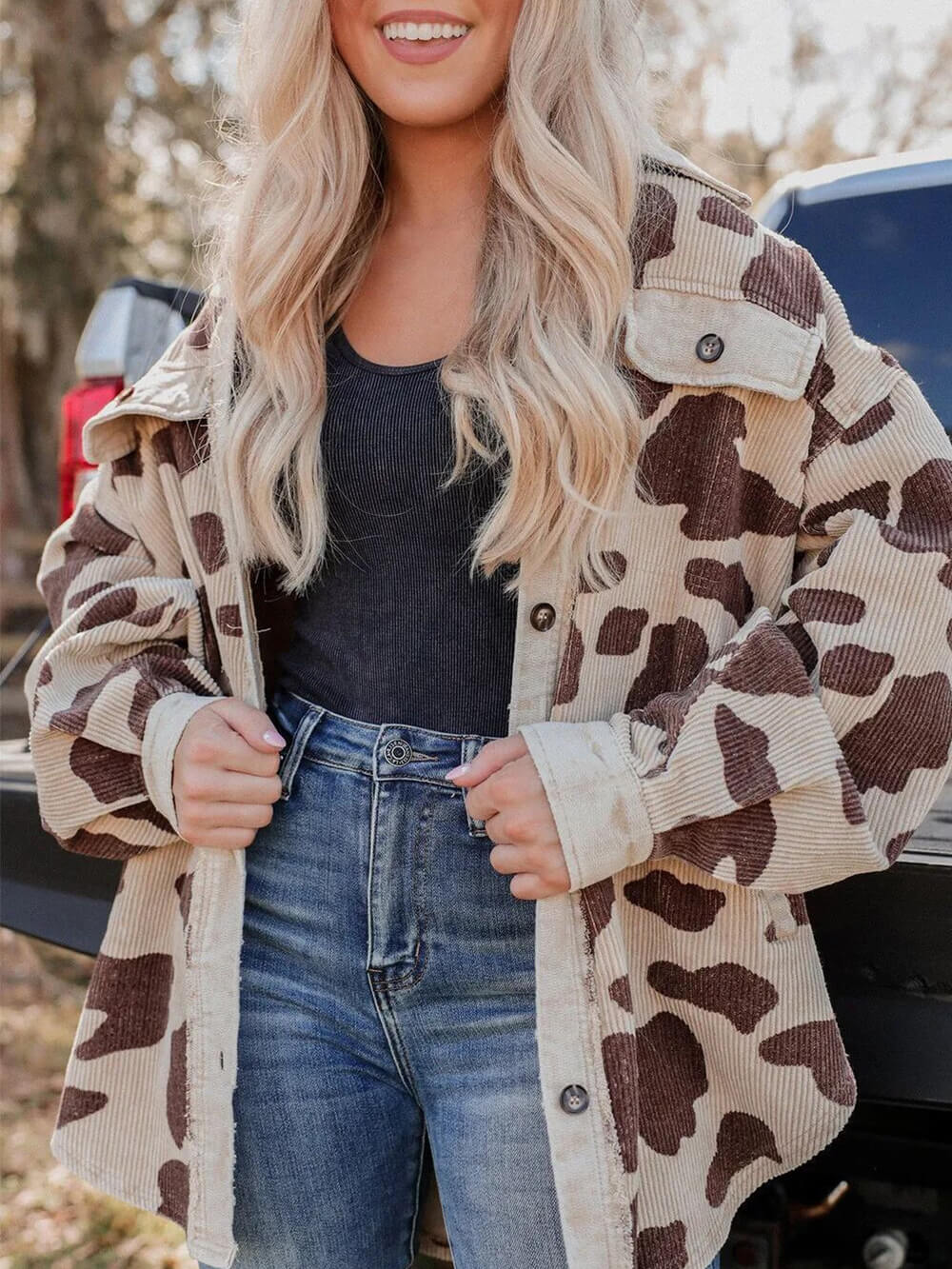 Printed Mid-Length Corduroy Shirt Jacket-CALLISTARI