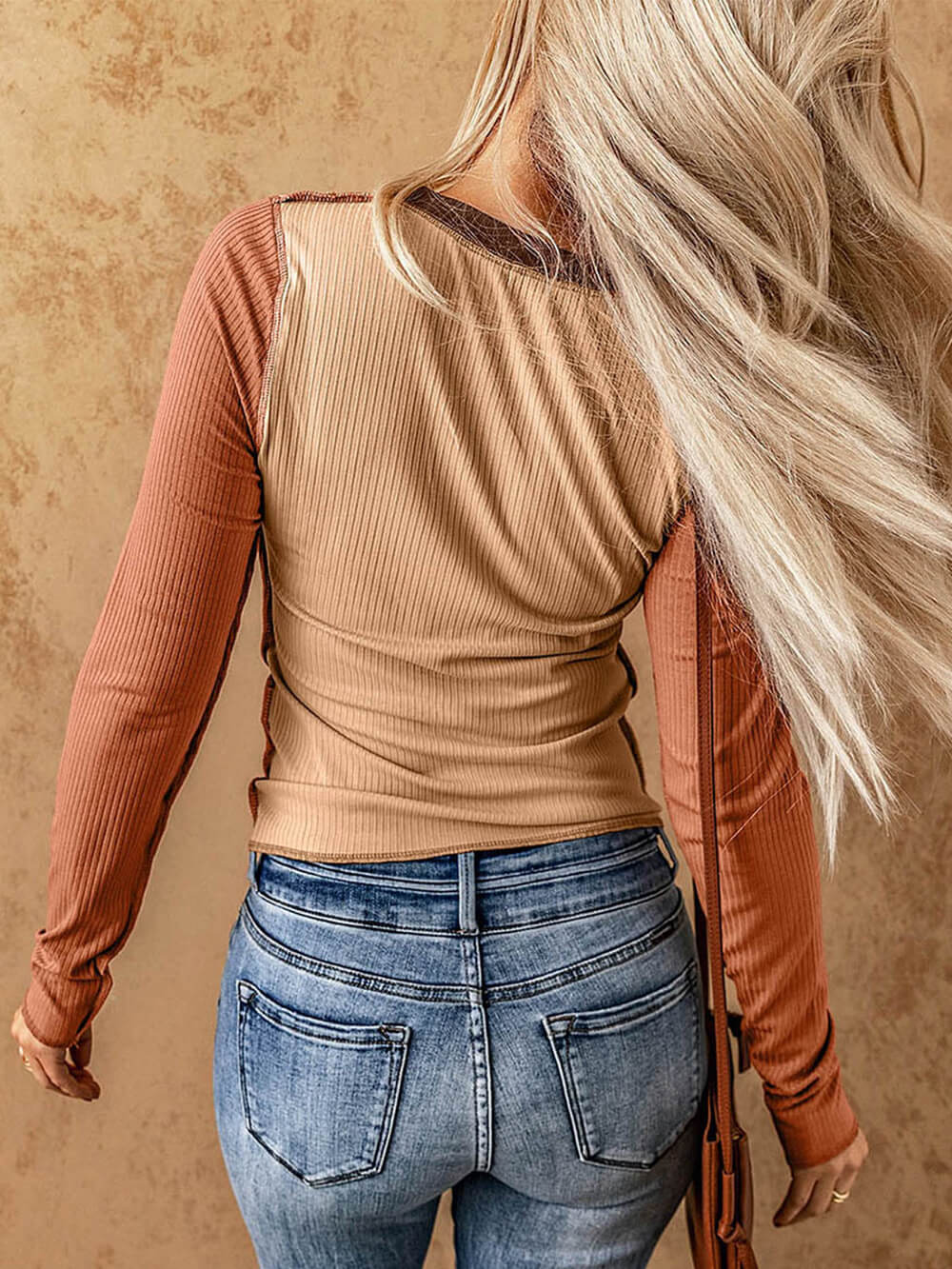 Charcoal Gray Color Block Exposed Seam Long Sleeve Top-CALLISTARI