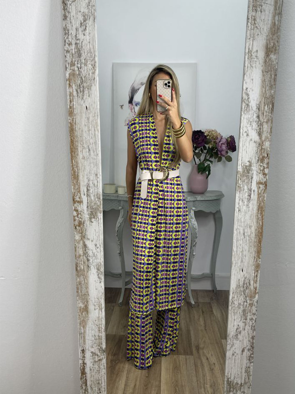 Vintage Check Flared Pants Suit-Mesadic