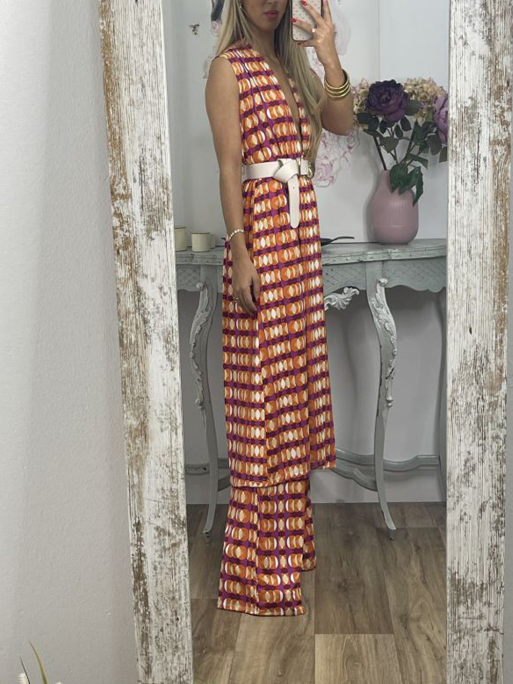 Vintage Check Flared Pants Suit-Mesadic