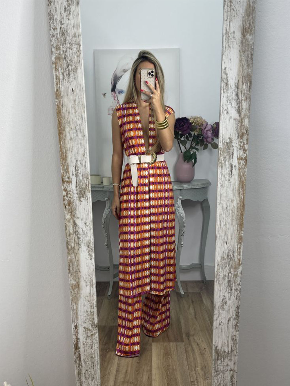 Vintage Check Flared Pants Suit-Mesadic