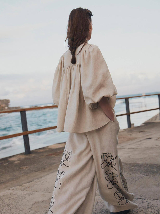 Casual Linen Floral Suit-Mesadic