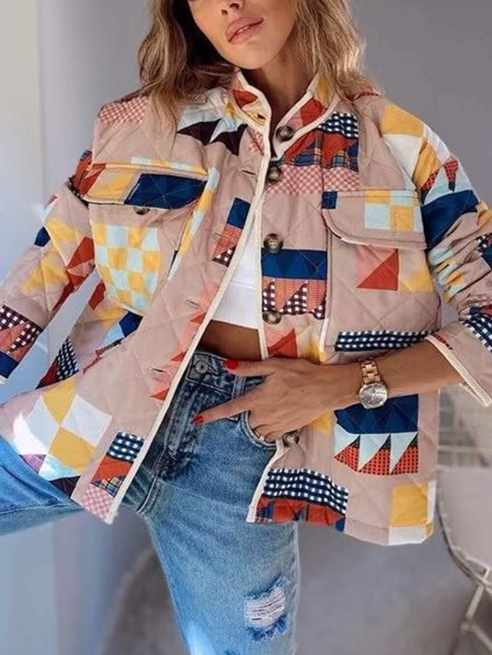 Quilted Cotton Contrast Print Pocket Padded Jacket-CALLISTARI