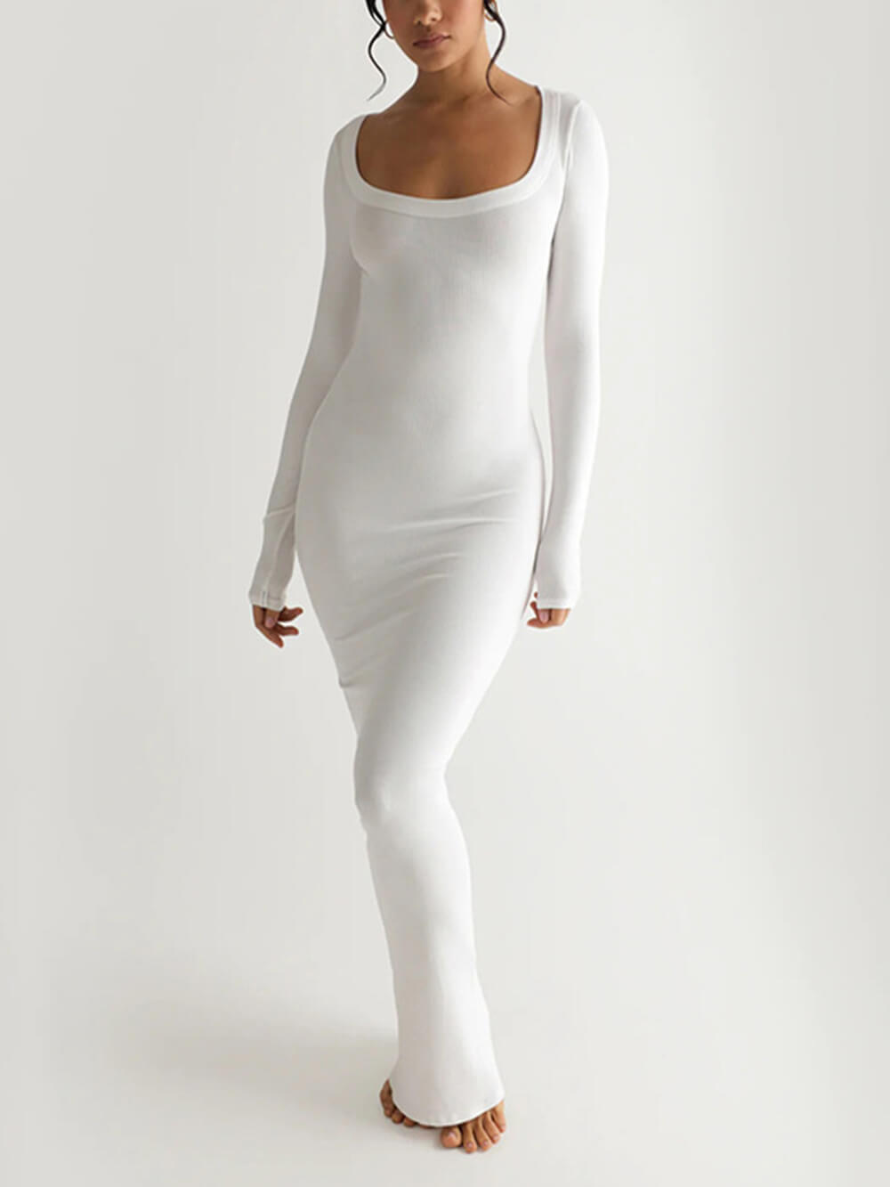 Solid Knit Square Neck Long Sleeve Maxi Dress-CALLISTARI