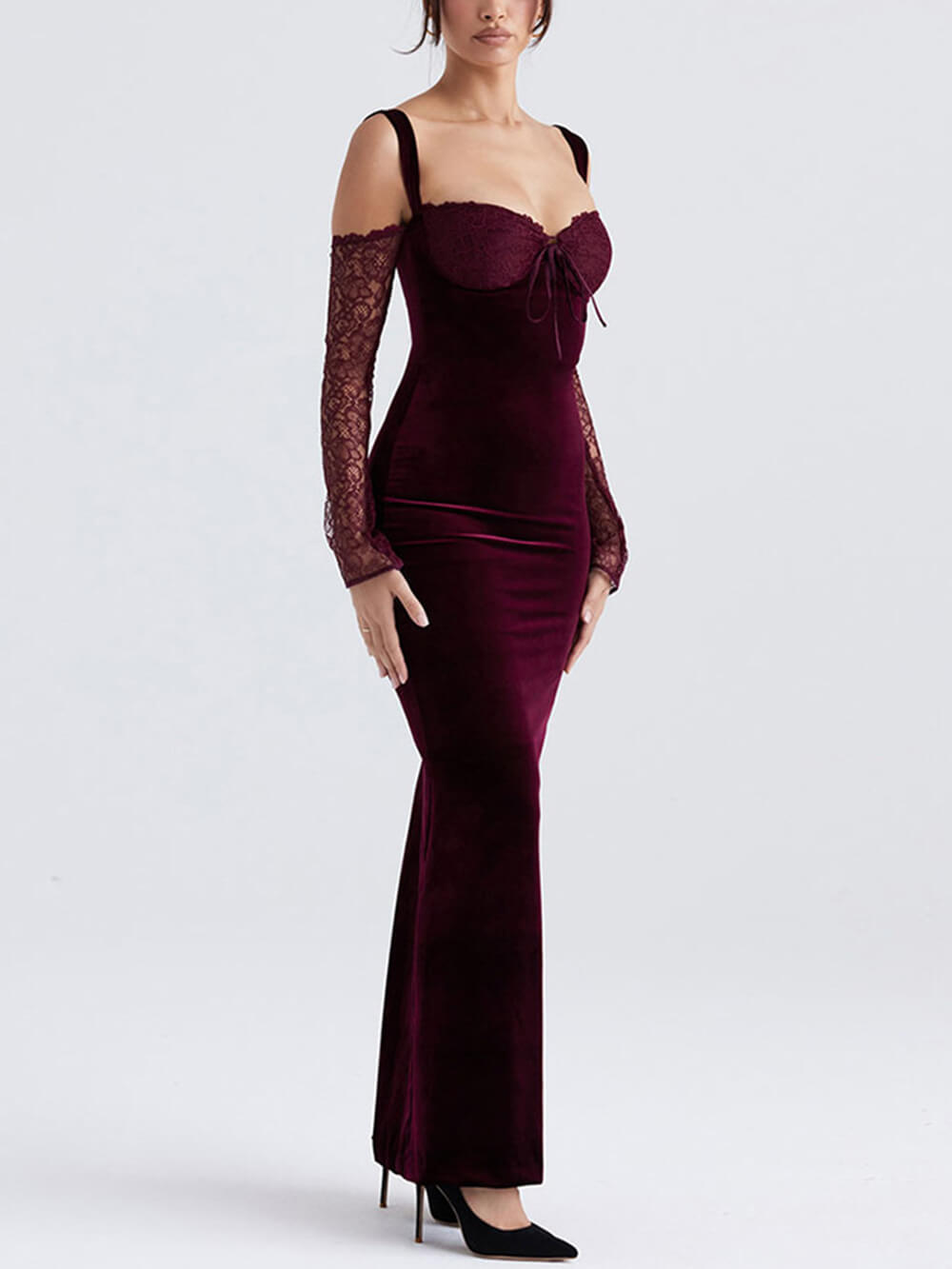 Lace Halter Strap Off-The-Shoulder Maxi Dress-CALLISTARI