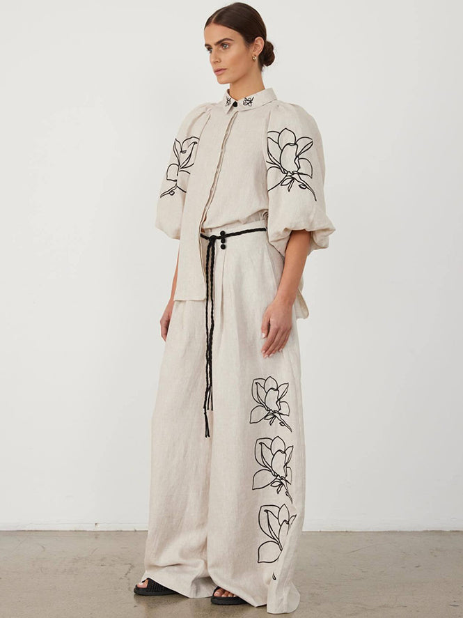 Casual Linen Floral Suit-Mesadic