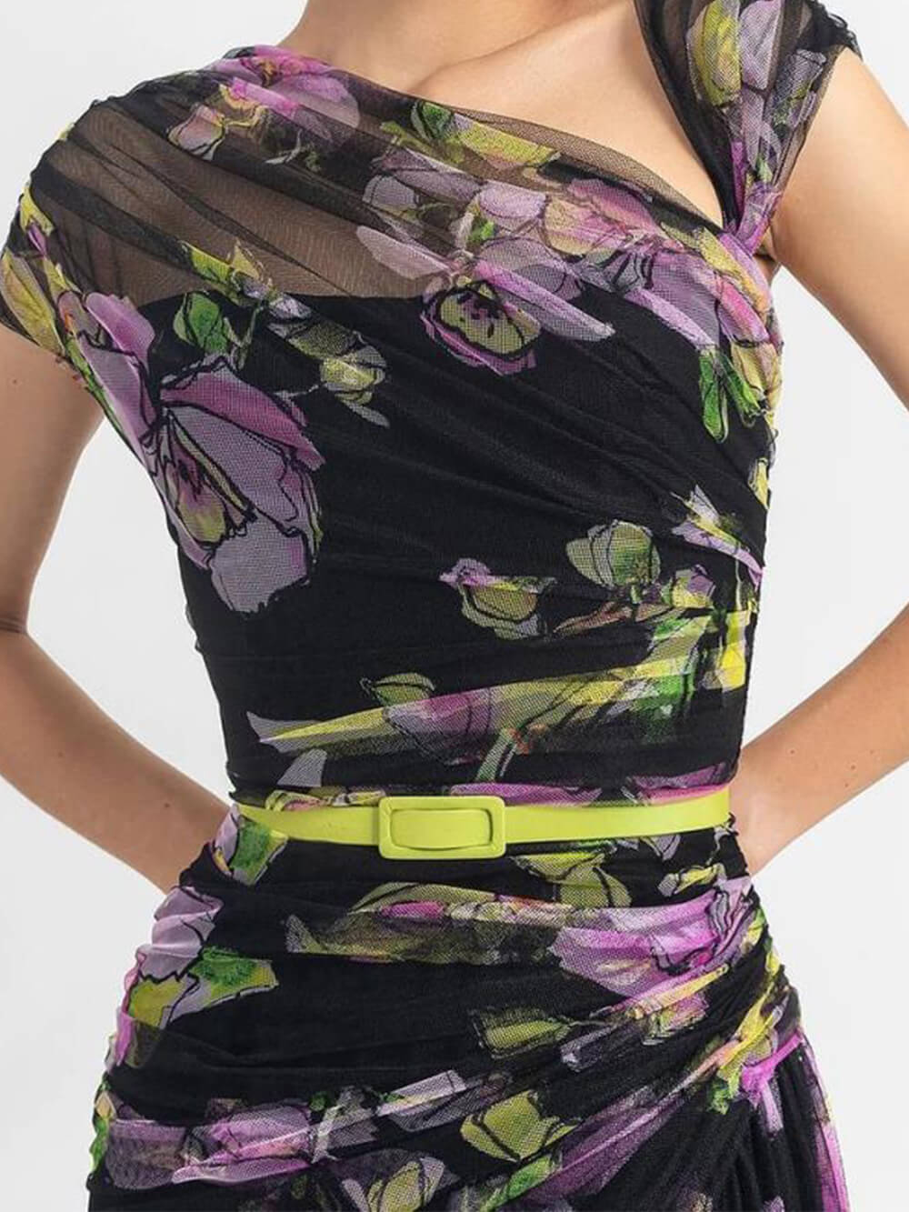 Smocked Slim Fit Mesh Printed Maxi Dress-CALLISTARI