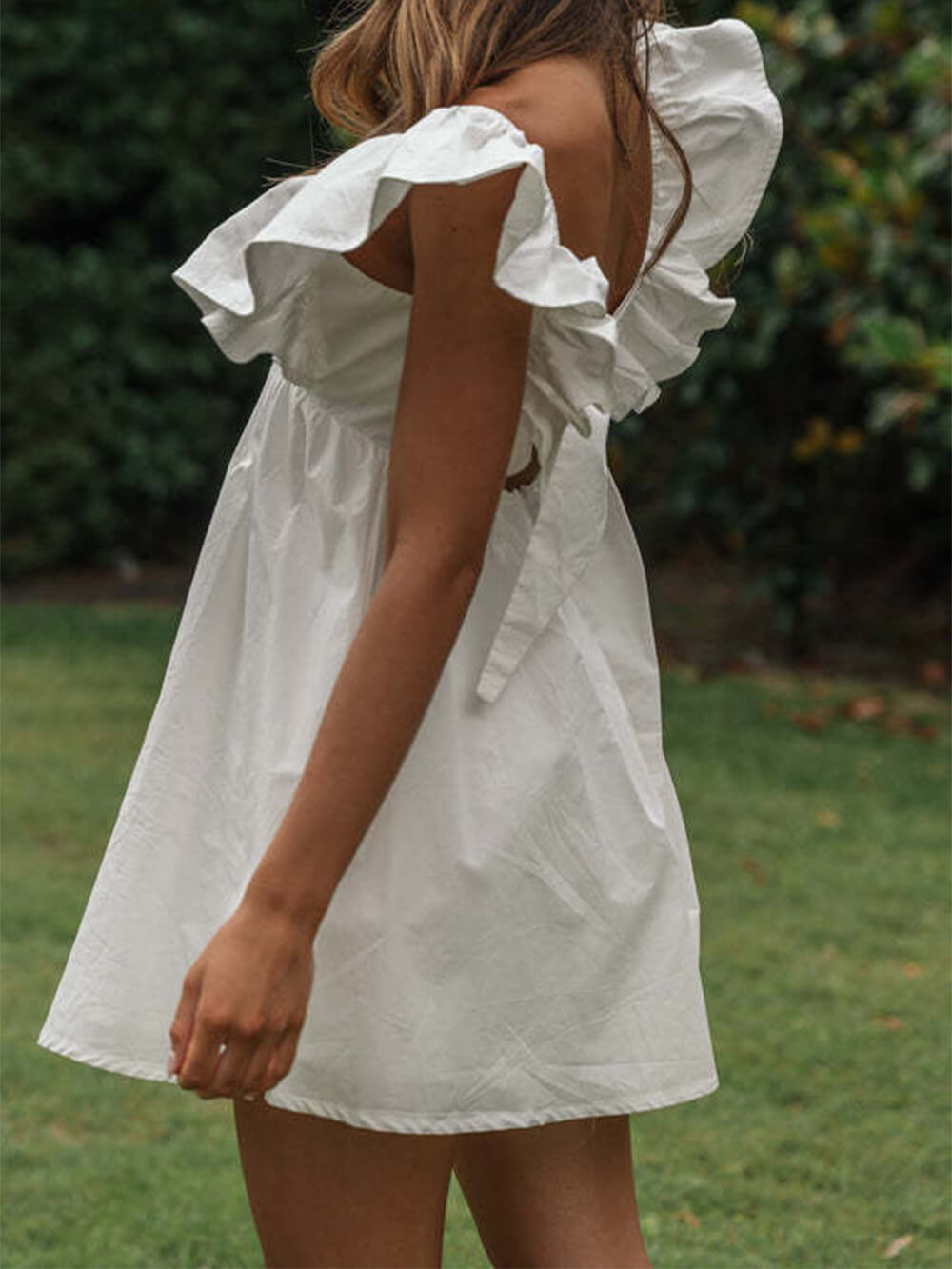 V-Neck Ruffle Sleeve Short Mini Dress-CALLISTARI