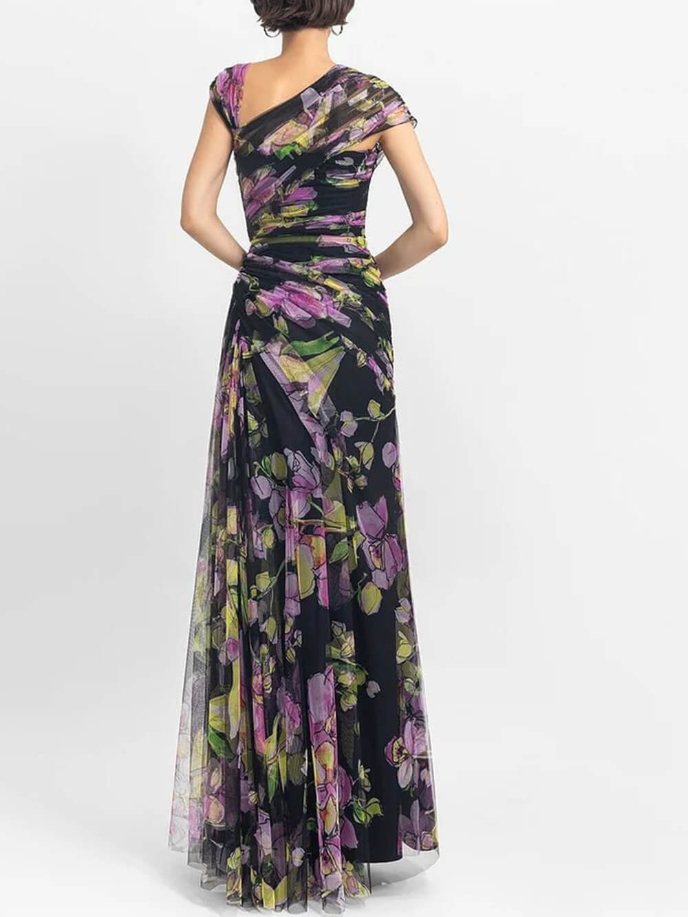 Smocked Slim Fit Mesh Printed Maxi Dress-CALLISTARI