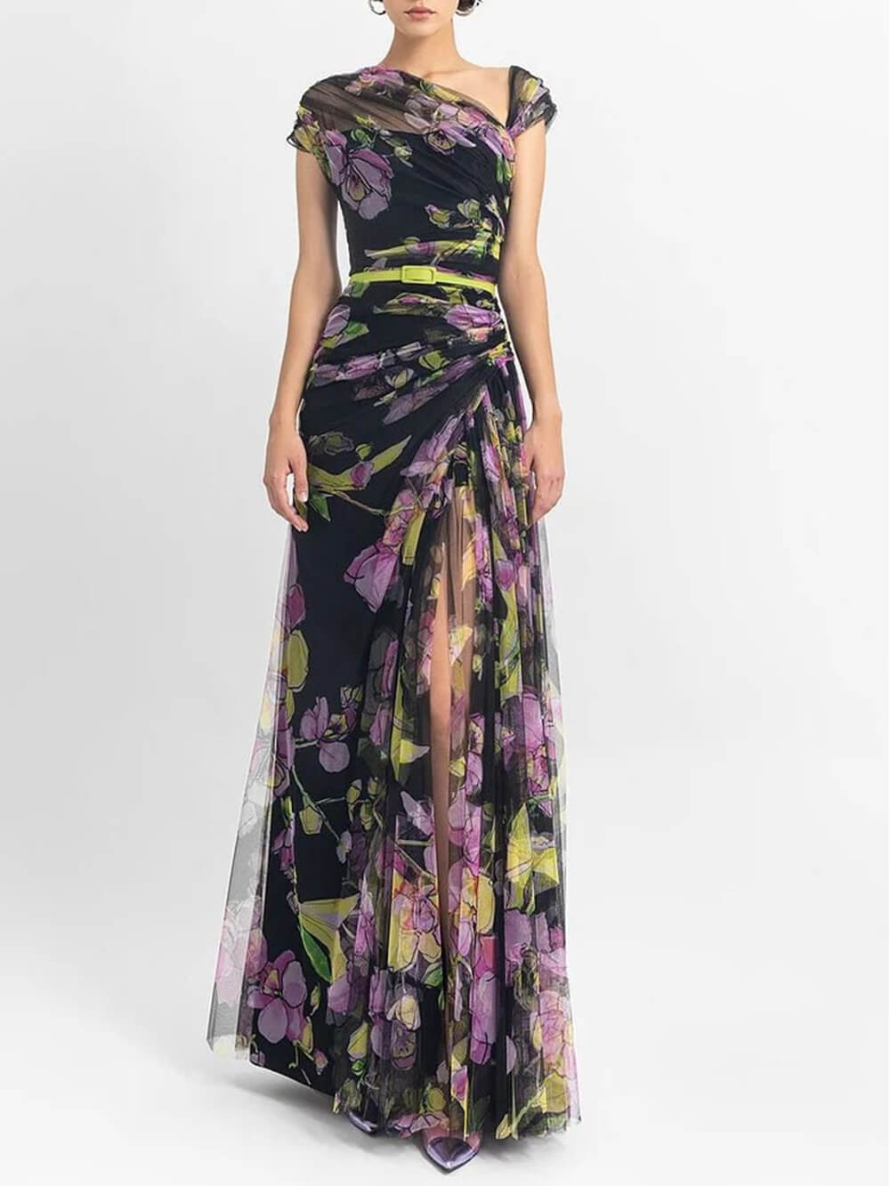 Smocked Slim Fit Mesh Printed Maxi Dress-CALLISTARI