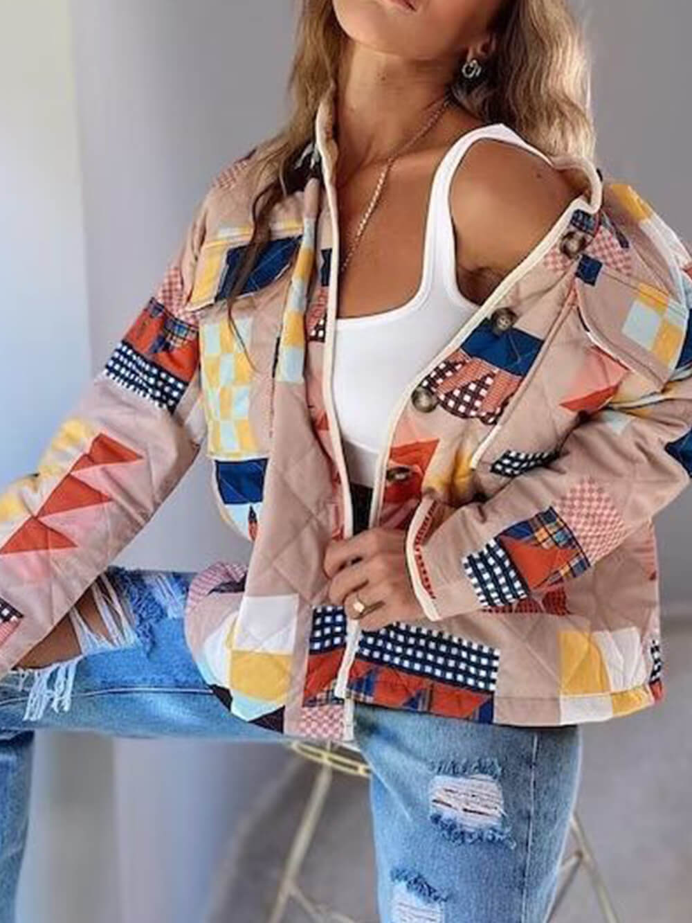 Quilted Cotton Contrast Print Pocket Padded Jacket-CALLISTARI