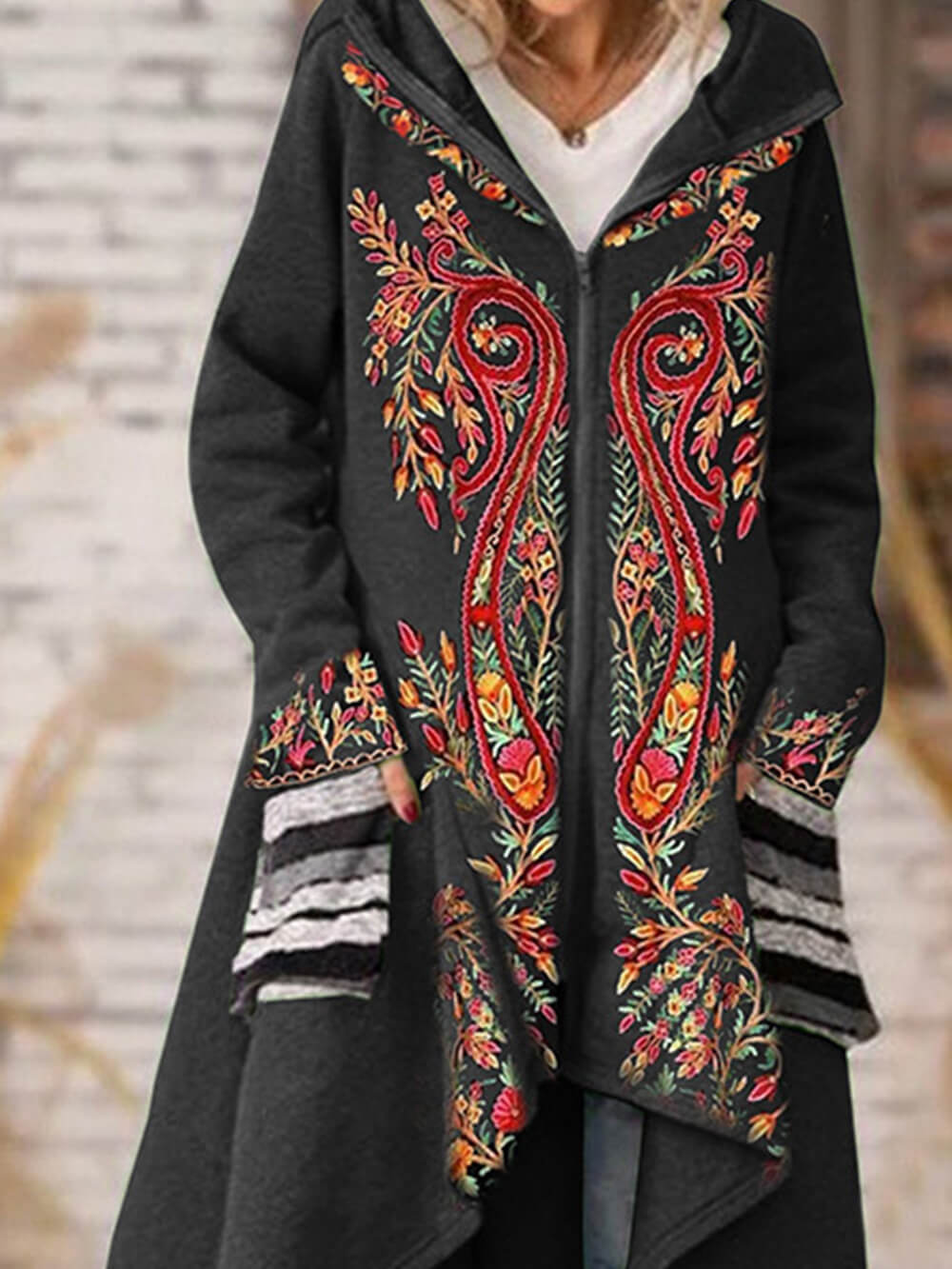 Floral  Open Hooded Knit Blend Shrug Coat-CALLISTARI