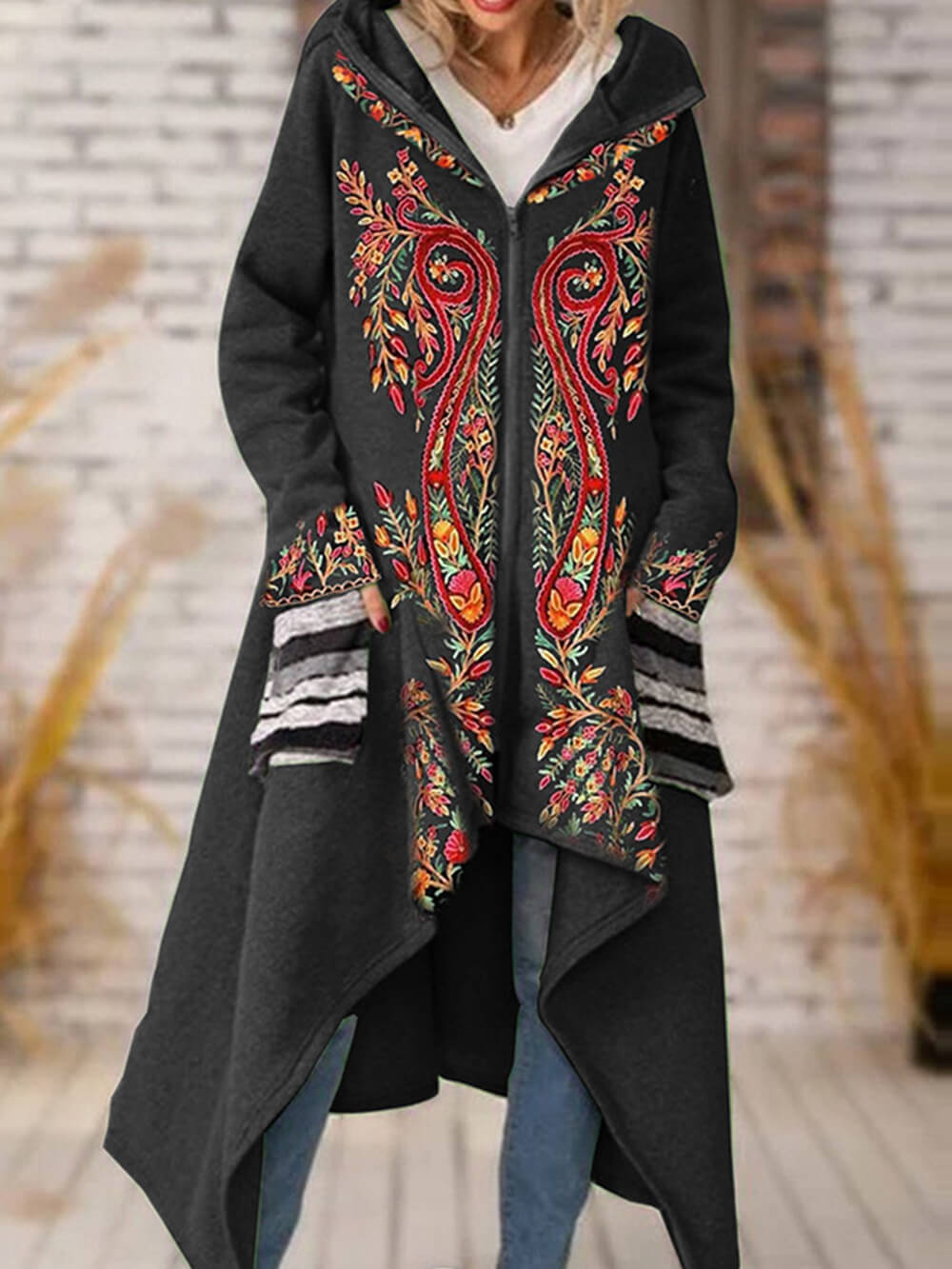 Floral  Open Hooded Knit Blend Shrug Coat-CALLISTARI
