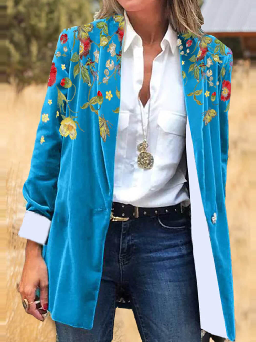 Folk Art Floral Embroidery Corduroy Blazer-CALLISTARI