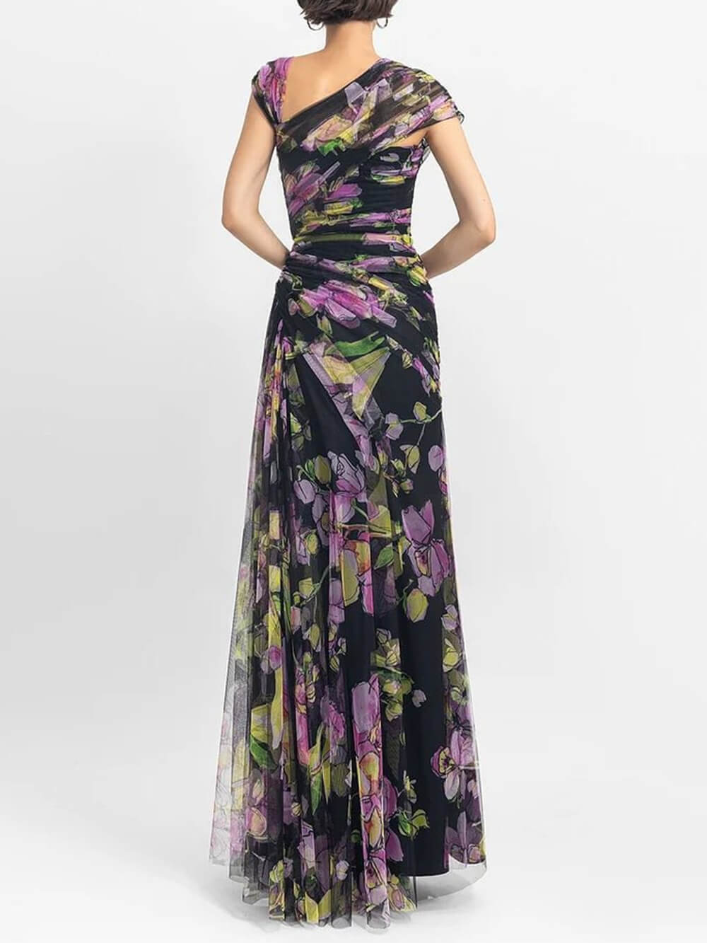 Smocked Slim Fit Mesh Printed Maxi Dress-CALLISTARI