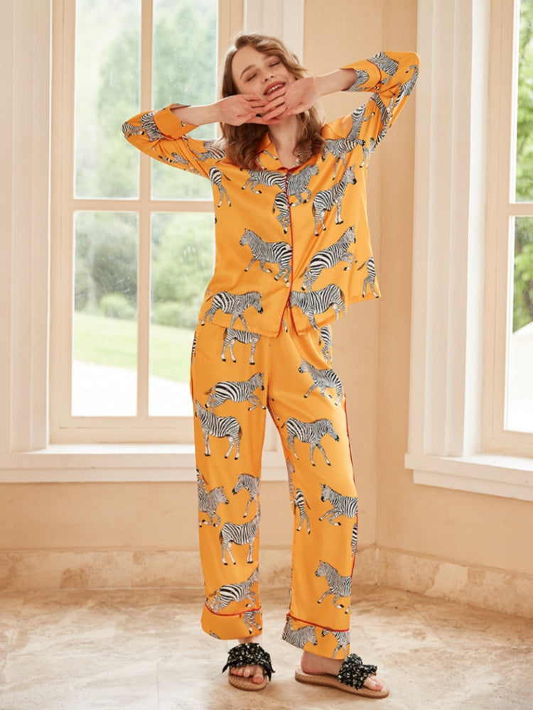 Zebra Print Long Sleeve Loungewear Set - Yellow-Mesadic