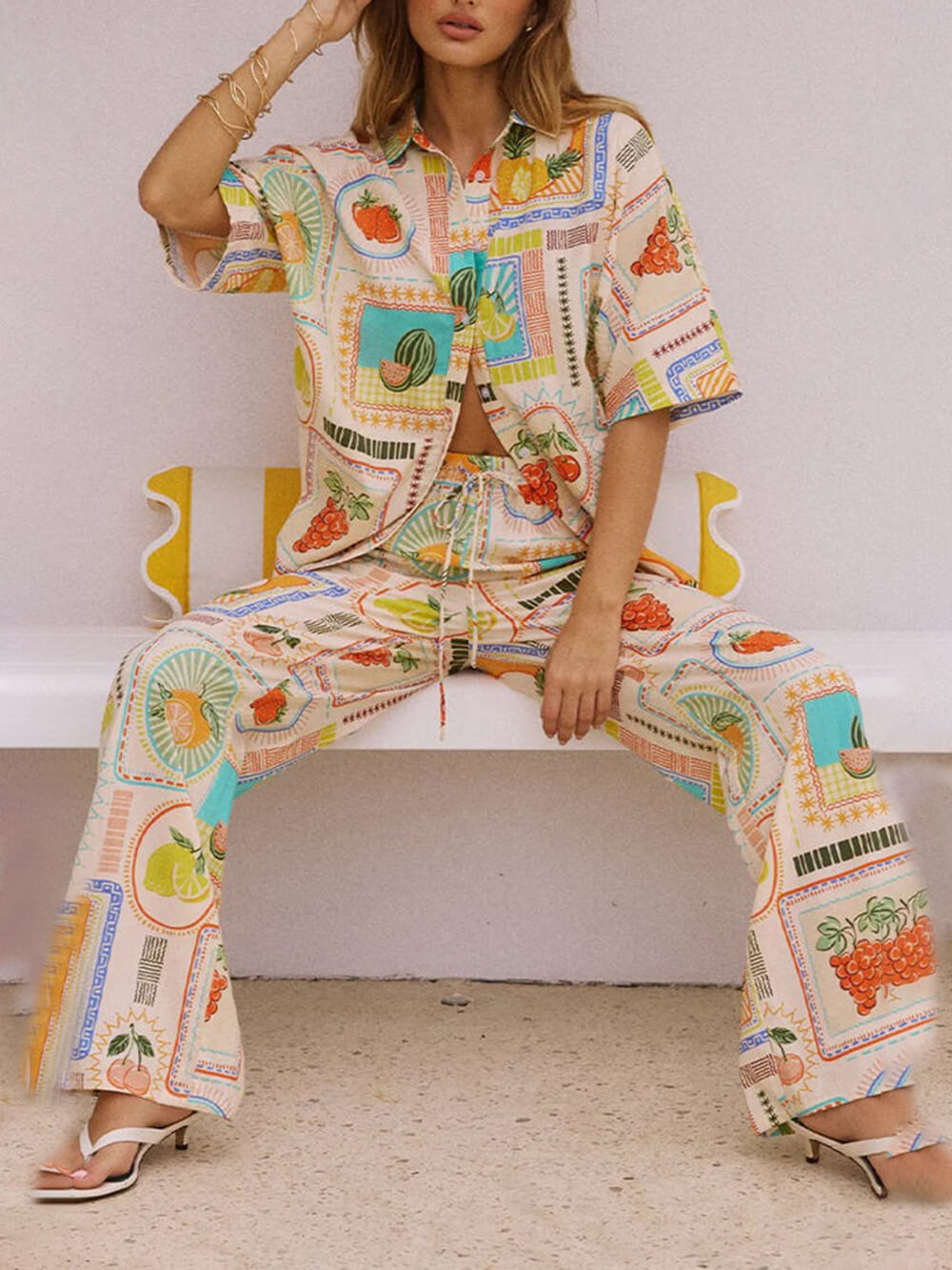 Casual Fashion Unique Print Loose Short- Shirt Straight Pants Set-Mesadic