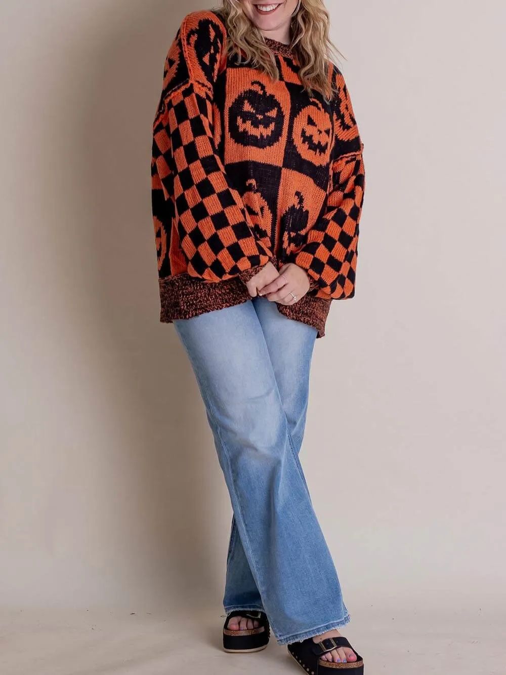 Halloween Jack-O-Lantern Plaid Sweater-CALLISTARI