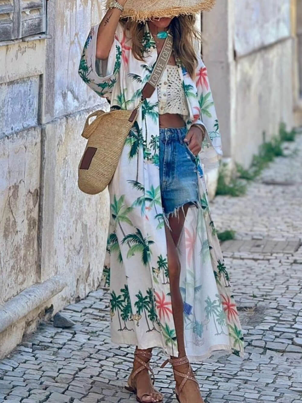 Vacation Style Botanical Print Tie-Waist Long Cover-Up Dress-CALLISTARI