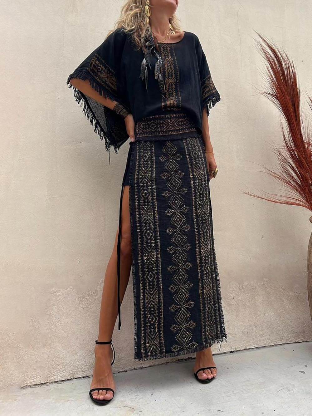 Ethnic Print Patchwork Side Lace-Up Maxi Skirt-Set-CALLISTARI