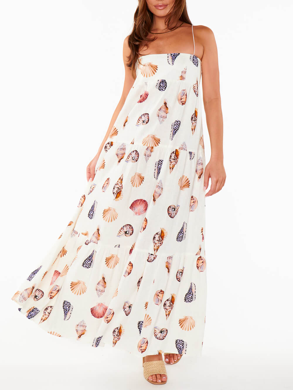 Callistari Unique Shell Conch Print Pleated Pockets Lightweight Maxi Dress-CALLISTARI
