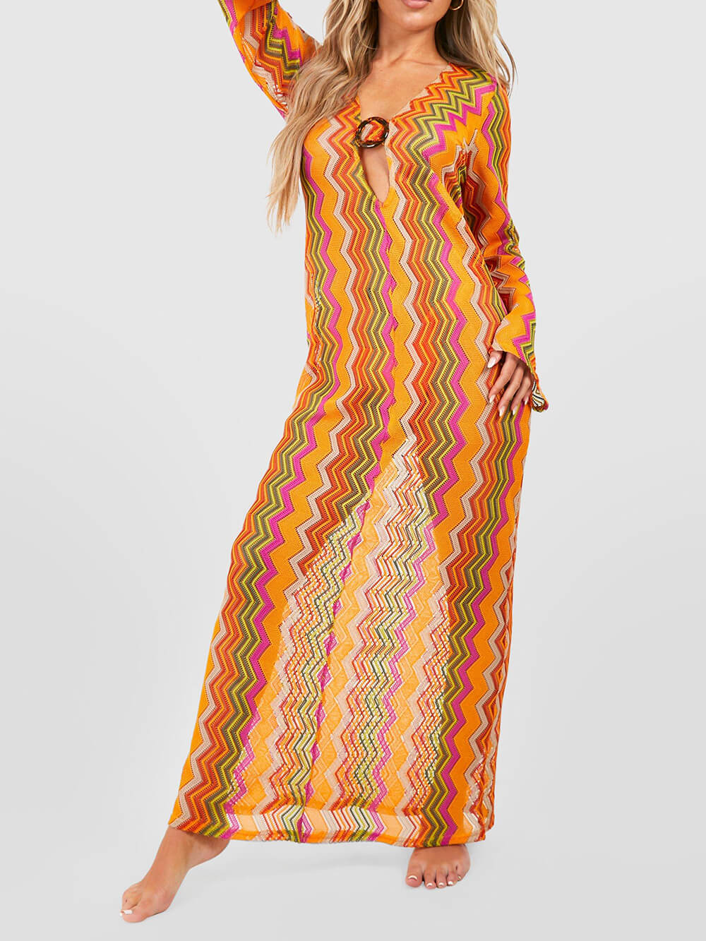 Soda Orange Stripe Print O-Ring Long Sleeve Beach Maxi Dress-CALLISTARI