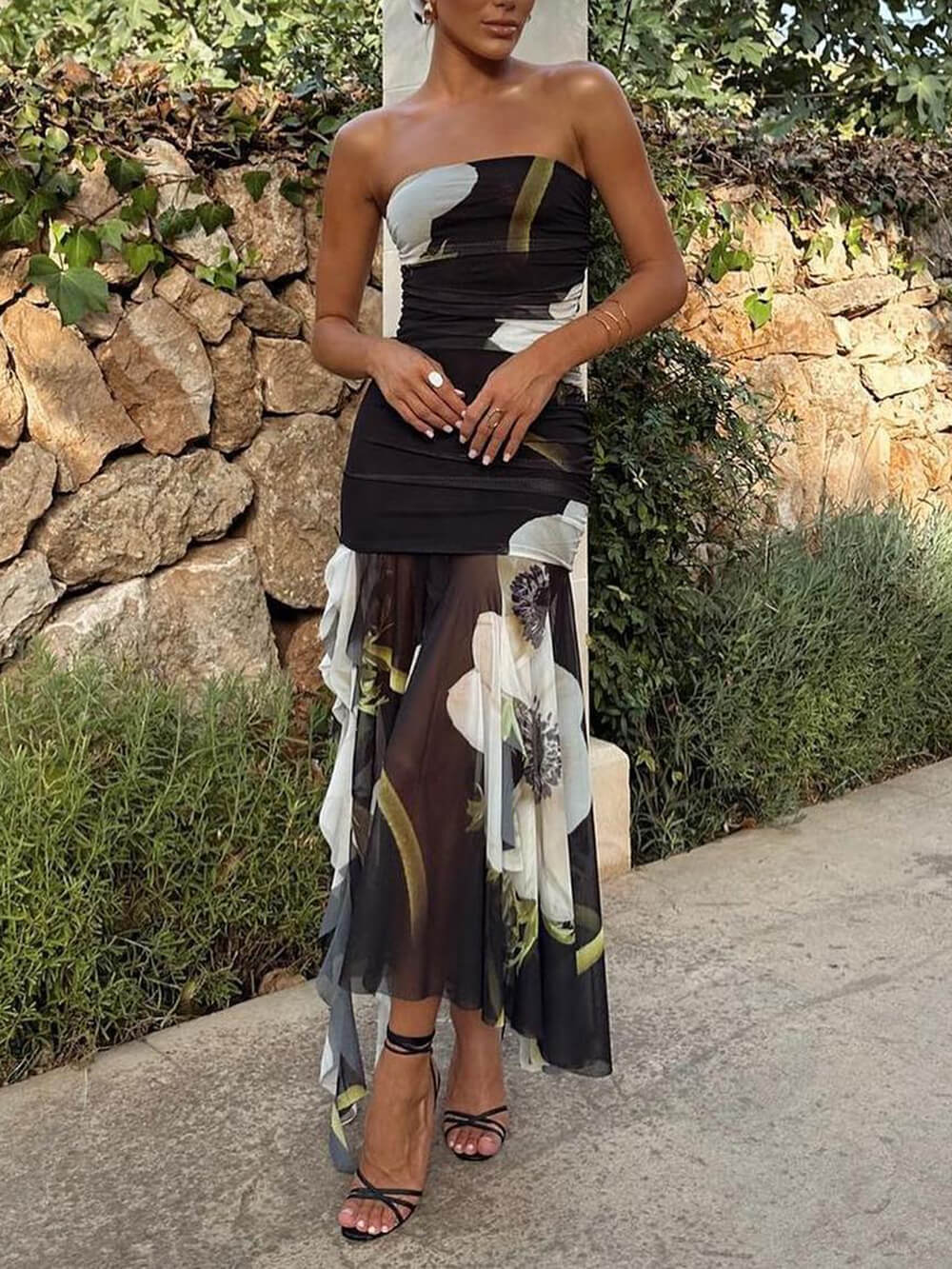 Callistari Mesh Overlay Floral Print Off Shoulder Ruched Ruffles Stretch Midi Dress-CALLISTARI