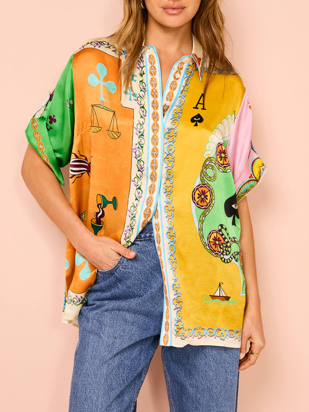 Callistari Fun Summer Unique Printed Button Up Oversized Shirt Outfit-CALLISTARI