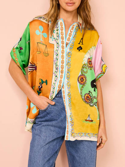 Callistari Fun Summer Unique Printed Button Up Oversized Shirt Outfit-CALLISTARI