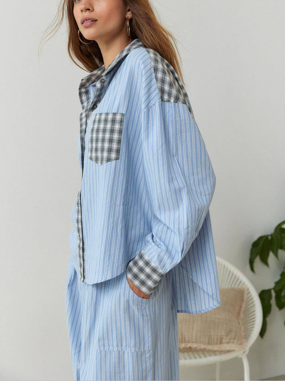 Sky Blue Loose Splice Pajama Set-Mesadic