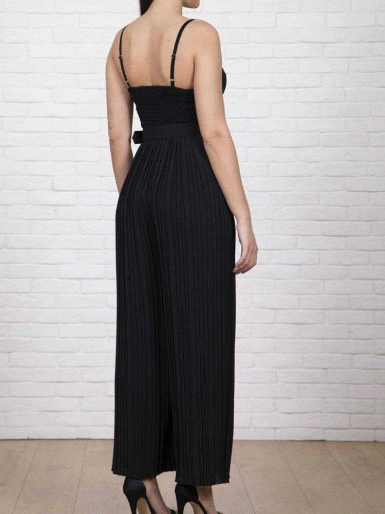 Strappy Jumpsuit With Wide Leg Pleated Detail In Black-CALLISTARI