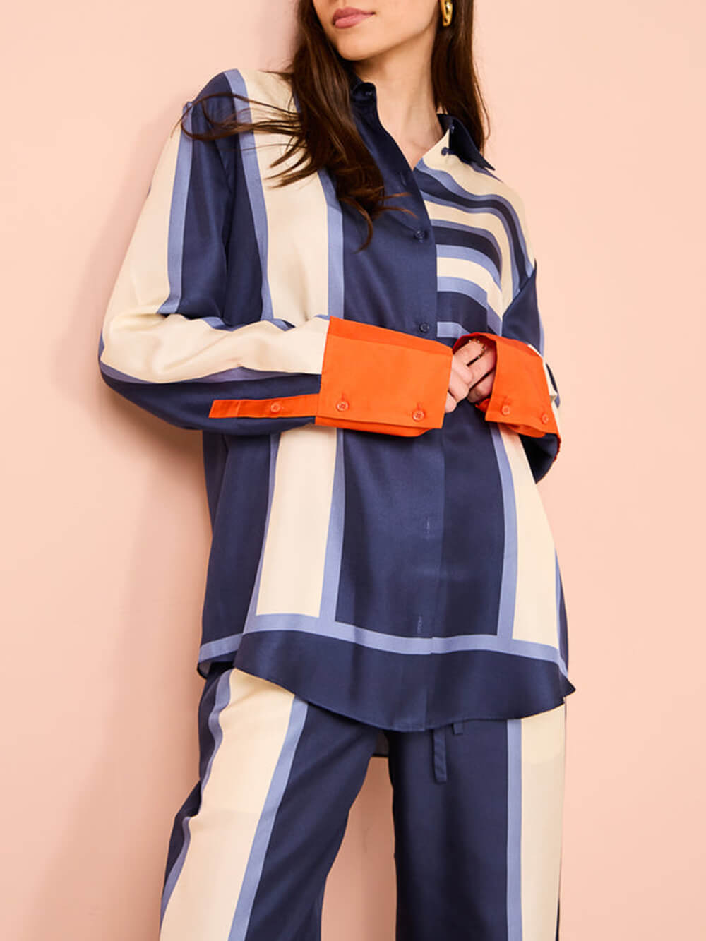 Callistari Exquisite Unique Striped Print Patchwork Kutton Oversized Blouse-CALLISTARI