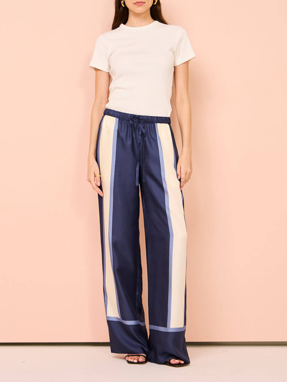 Callistari Striped Patchwork Unique Printed Elastic Waist Pocket Wide Leg Pants-CALLISTARI