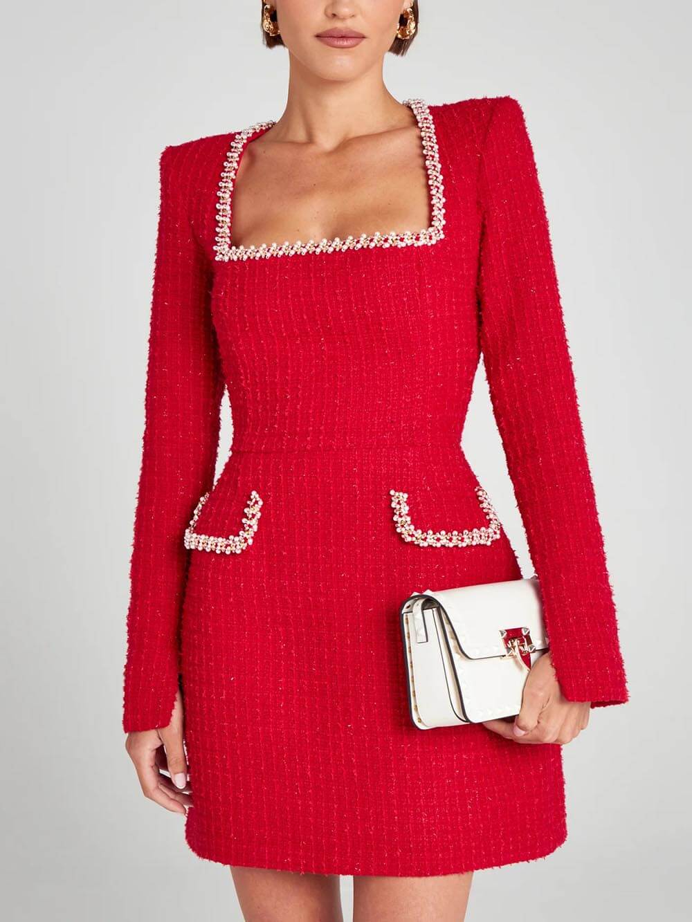 Exquisite Girl Charm Pearl Trim Slit Sleeve Pocket Mini Dress-CALLISTARI