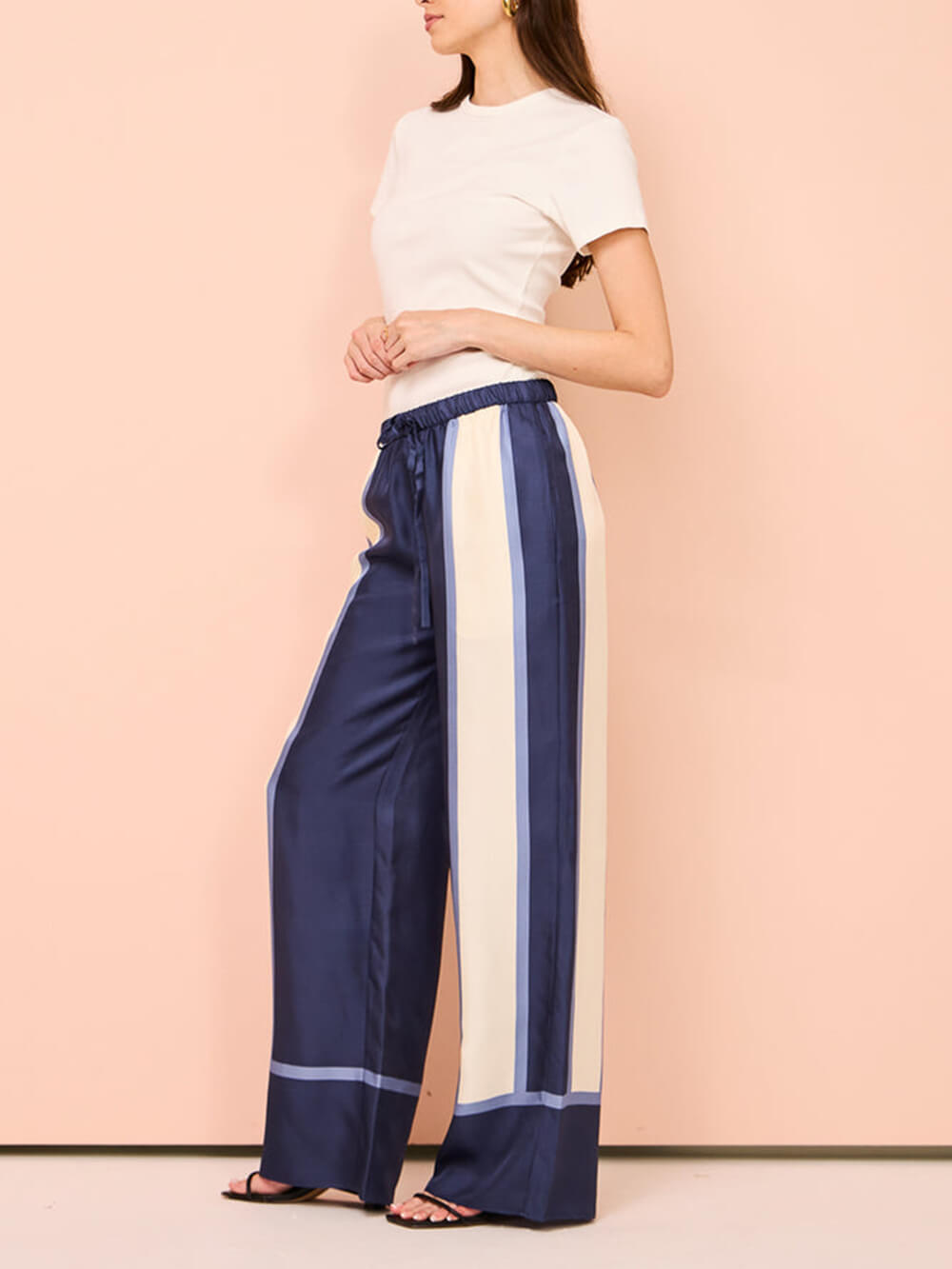 Callistari Striped Patchwork Unique Printed Elastic Waist Pocket Wide Leg Pants-CALLISTARI