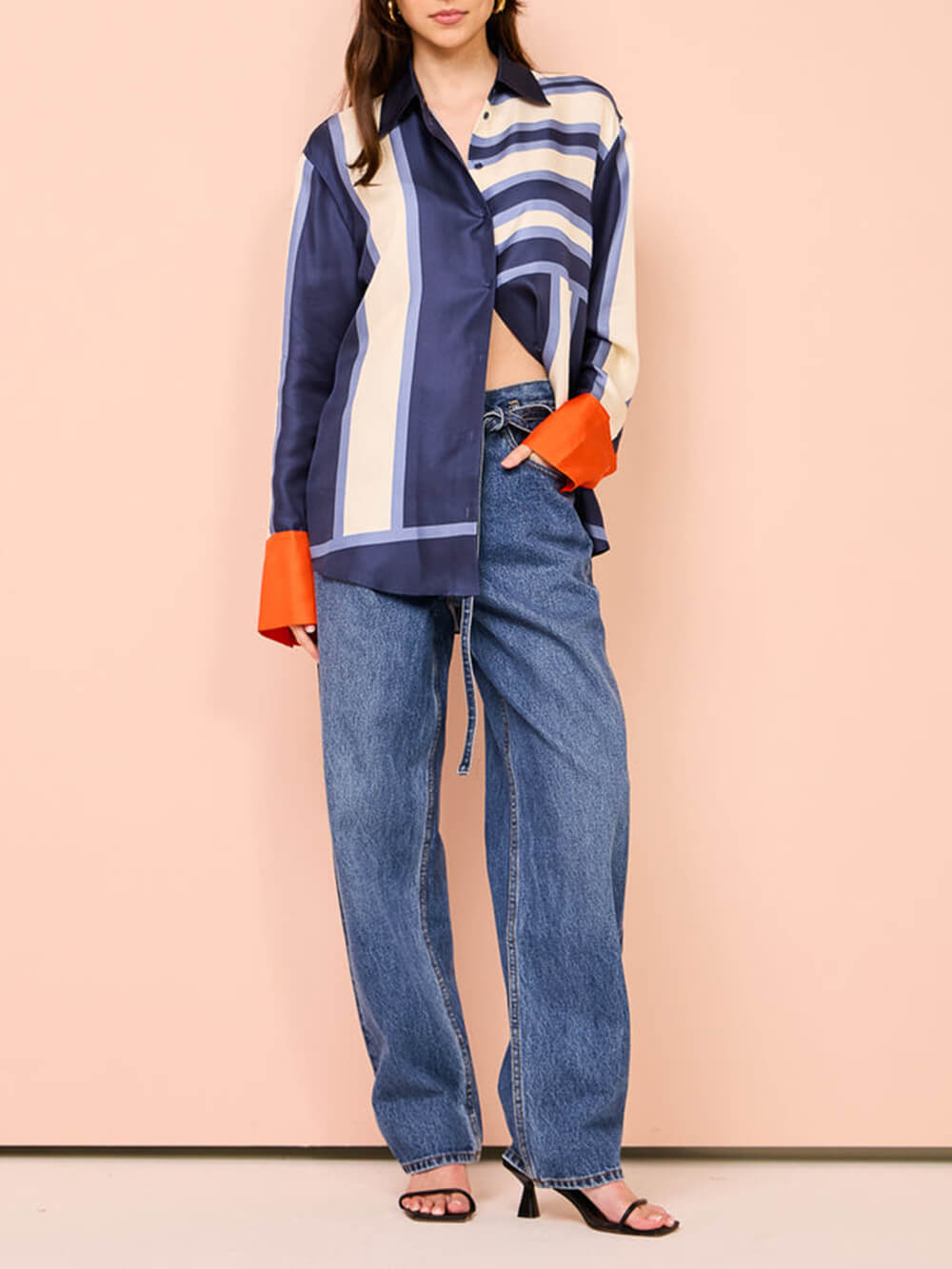 Callistari Exquisite Unique Striped Print Patchwork Kutton Oversized Blouse-CALLISTARI