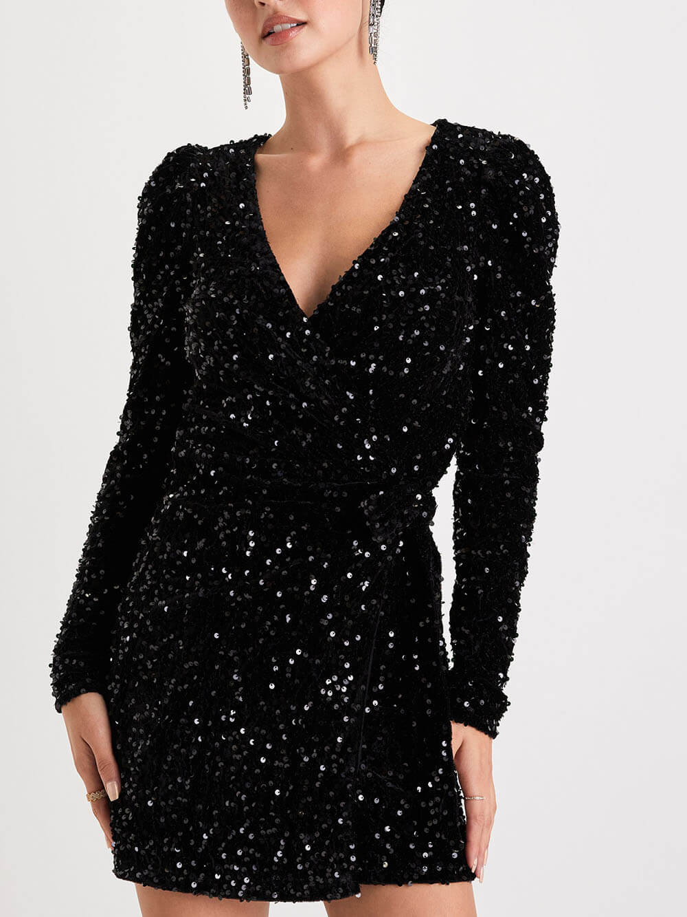 Black Sequin Velvet Long Sleeve Wrap Mini Dress-CALLISTARI