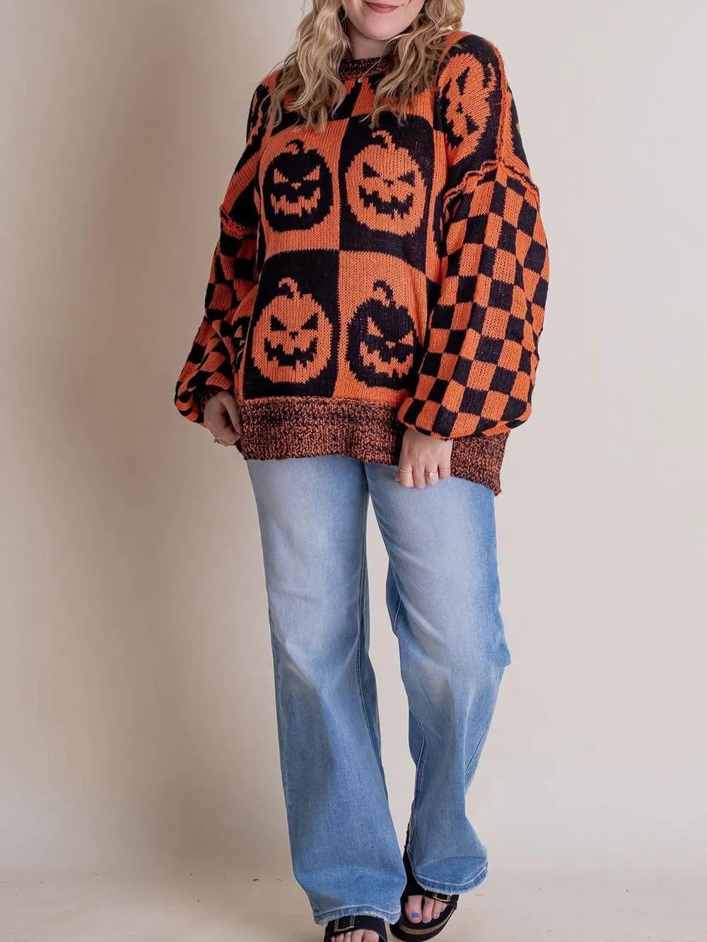 Halloween Jack-O-Lantern Plaid Sweater-CALLISTARI