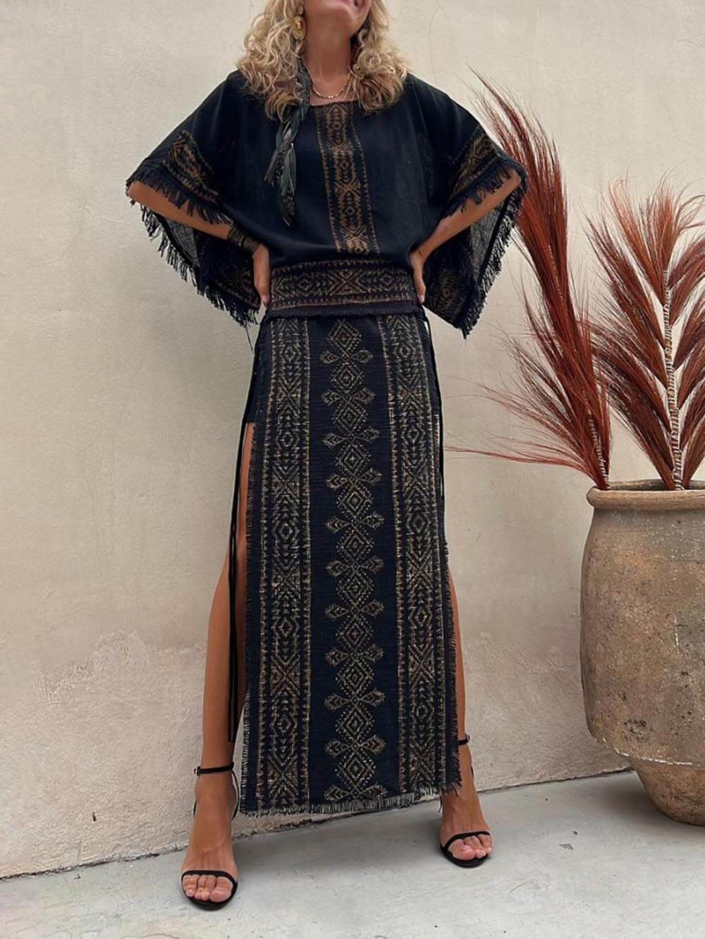 Ethnic Print Patchwork Side Lace-Up Maxi Skirt-Set-CALLISTARI