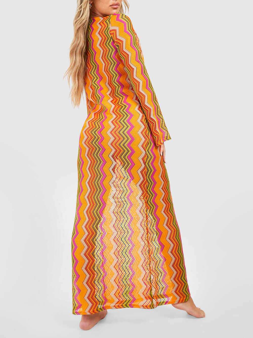 Soda Orange Stripe Print O-Ring Long Sleeve Beach Maxi Dress-CALLISTARI