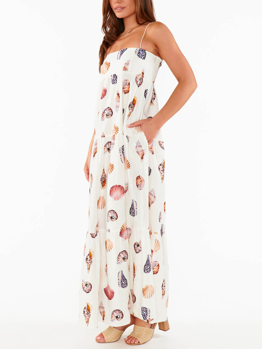 Callistari Unique Shell Conch Print Pleated Pockets Lightweight Maxi Dress-CALLISTARI