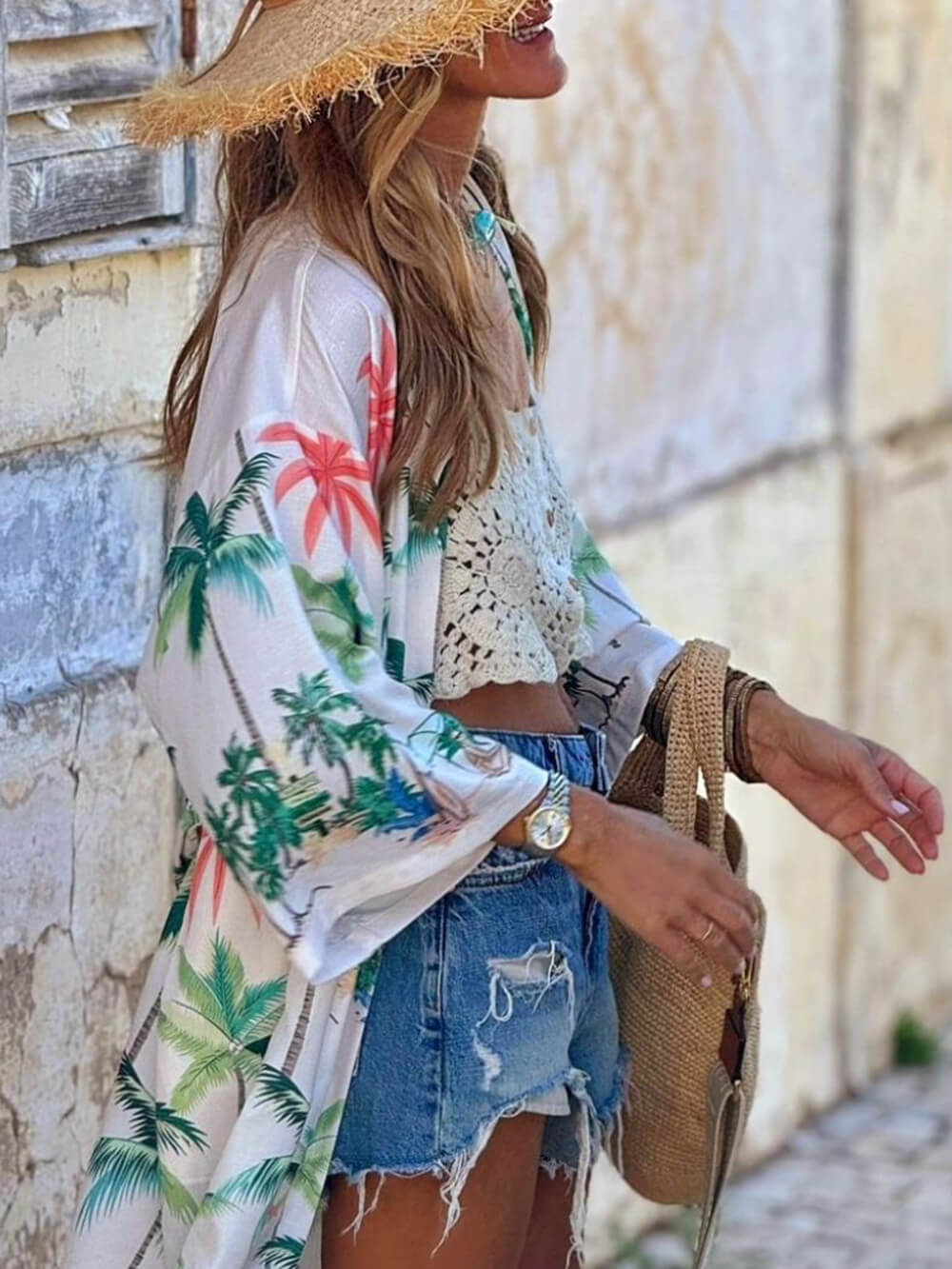 Vacation Style Botanical Print Tie-Waist Long Cover-Up Dress-CALLISTARI