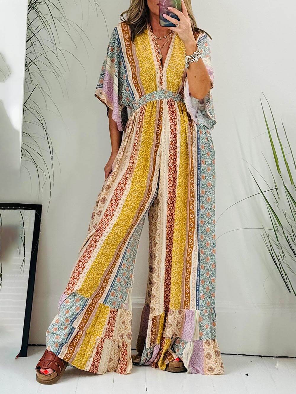 Retro Floral Flare Sleeve Pocketed Loose Wide Leg Jumpsuit-CALLISTARI